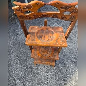 Vintage Three Tier Carved Wooden Tray Shelves